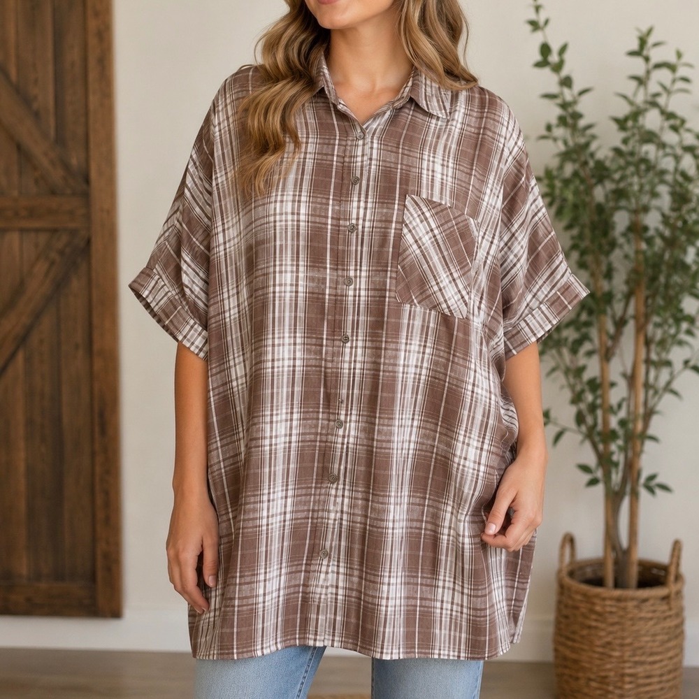 Entro Brown Plaid Oversized Button-Up Tunic Blouse M Cotton Dolman Top Fall NWT